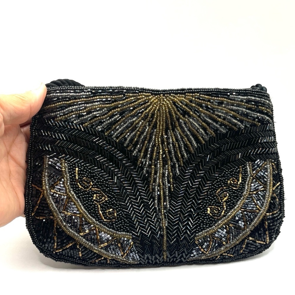 Evening Bag Black and Gold and Silver Beaded Wristlet Handbag
